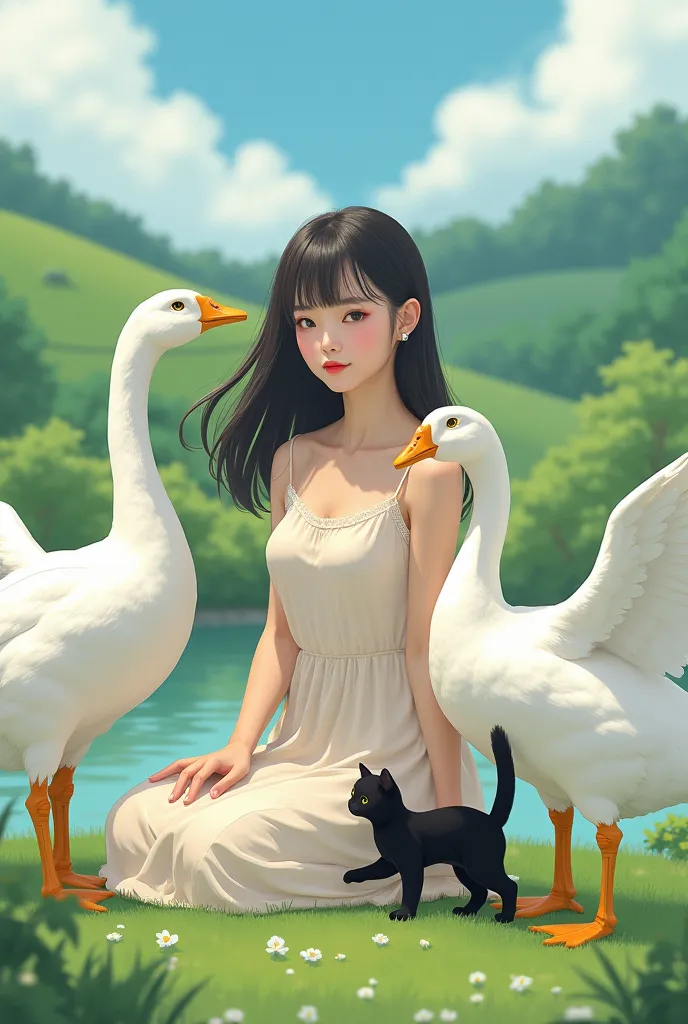 japan girl, soft fat body , with 
2 white geese with yellow legs with spread wings and a small black cat, reality good picture 