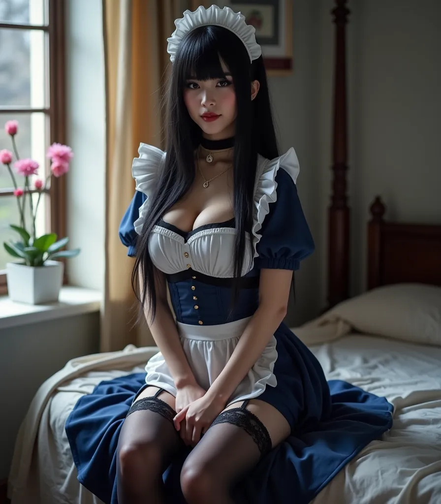 Photorealistic, high resolution, A Japanese Maid named Jade, solo, heavy makeup, Hips up, (Detailed face), Black hair, Long hair, Blue and white maid outfit Black lace Panties and thigh high stockings.  Black micro skirt,
. Fully clothed  bedroom setting. ...