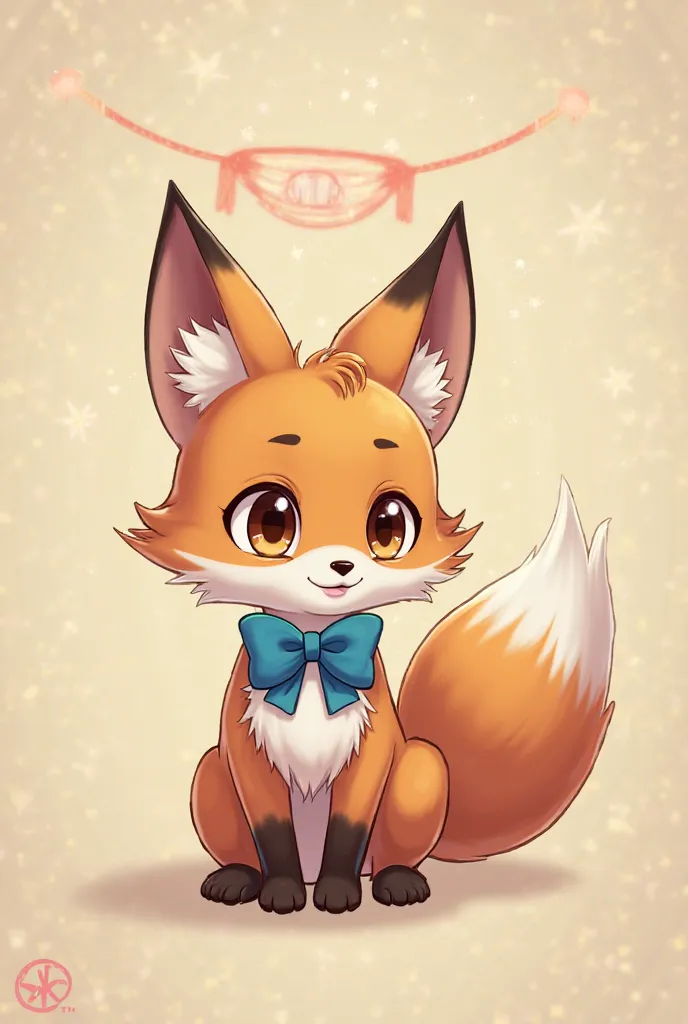 Hi could you generate me a 2ds ( anime style ) a female fox with a blue bow on her neck and a slight smile but sunyin, They have angel wings and devil horns? The eyes of the fox should be brown, the fox should be brownish red, The full figure of the fox sh...