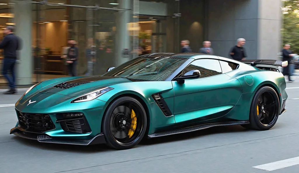 "A sleek, high-performance luxury sports sedan in a striking metallic teal finish, parked in an urban setting with modern glass buildings in the background. The car exhibits a futuristic aerodynamic design with an aggressive front fascia, sharp LED headlig...