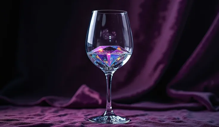 A wine glass filled with liquid diamond, reflecting prismatic colors onto a dark velvet background, shot with a 50mm f/1.2 lens for ultra-realistic reflections.
