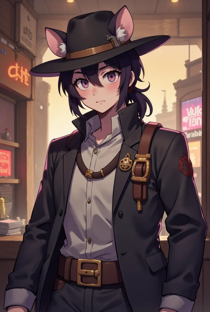 The male character has rodent ears and tail, ties his hair in a short ponytail but leaves his front hair, wears a skillful cowboy hat, armed as a bouncer and with a whip attached to his waist, is a merciful person, enjoying everything that goes according t...