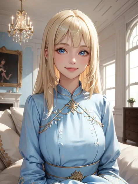 1 lady, One, Young girl, , straight blond hair,  dumb bangs, blue eyes, ( smile), ( Masterpiece , best quality:1.2) gentle pattern, overdetailed, medium chest, ((upper body)), (light blue dress), living room