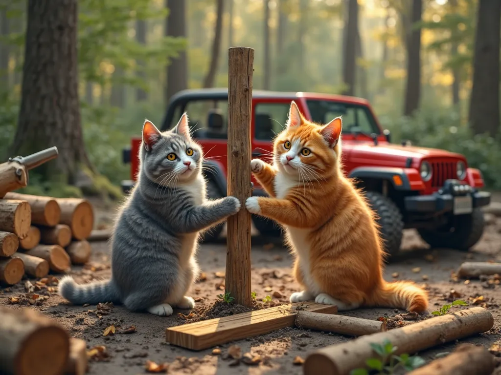 
"A highly realistic scene in a dense forest where two chubby, fluffy cats are working together on a wooden structure. The gray and white cat is lifting and positioning a thick wooden pole, trying to set it upright with a determined expression. Meanwhile, ...