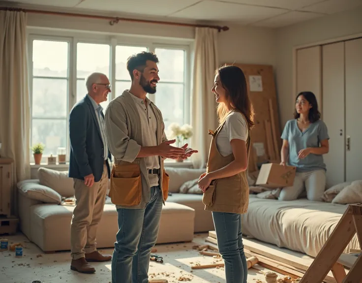 A picture of a scene where they are remodeling their living room on a large scale。the two young people working on the remodeling are working wearing work clothes。A realistic video landscape photo of a wonderful Japanese couple in their 40s full of hope wat...