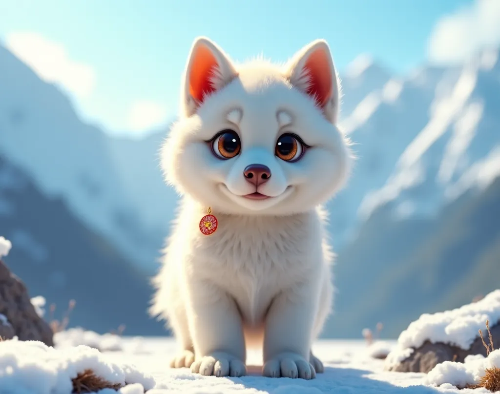 Playful young Husky Wolf,  White fur , intense amber eyes, brown nose, Chinese red earring on the ear. Standing on the snowy mountain,  clear sky, warm lighting.  Hyperrealistic 4K 