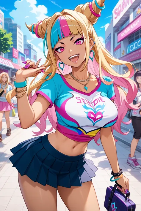 KJOmarin, blond hair, long hair, pink eyes, earrings,  ear piercing, colorful hair, score_9, score_8_up, score_7_up,  source_anime, masterpiece,best quality, Big Breasts, color shirt, shirt with tie, pleated skirt, Flashy修正, happy, Flashy,Too Many Accessor...