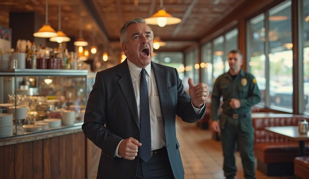 Full body photo of a man wearing a restaurant security guard suit, about 30 years old, looking arrogant, while shouting with his mouth open, expression full of contempt and hostility, angrily pointing at a janitor standing on the right