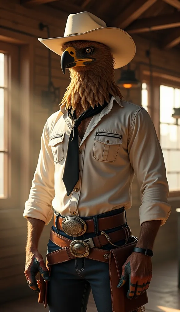 A tall, human-like Steppe Eagle dressed exactly like the cowboy in the reference image, fully replicating the scene. The Steppe Eagle has a strong, muscular humanoid body with a fierce, majestic eagle head covered in brown and golden feathers. It wears a w...