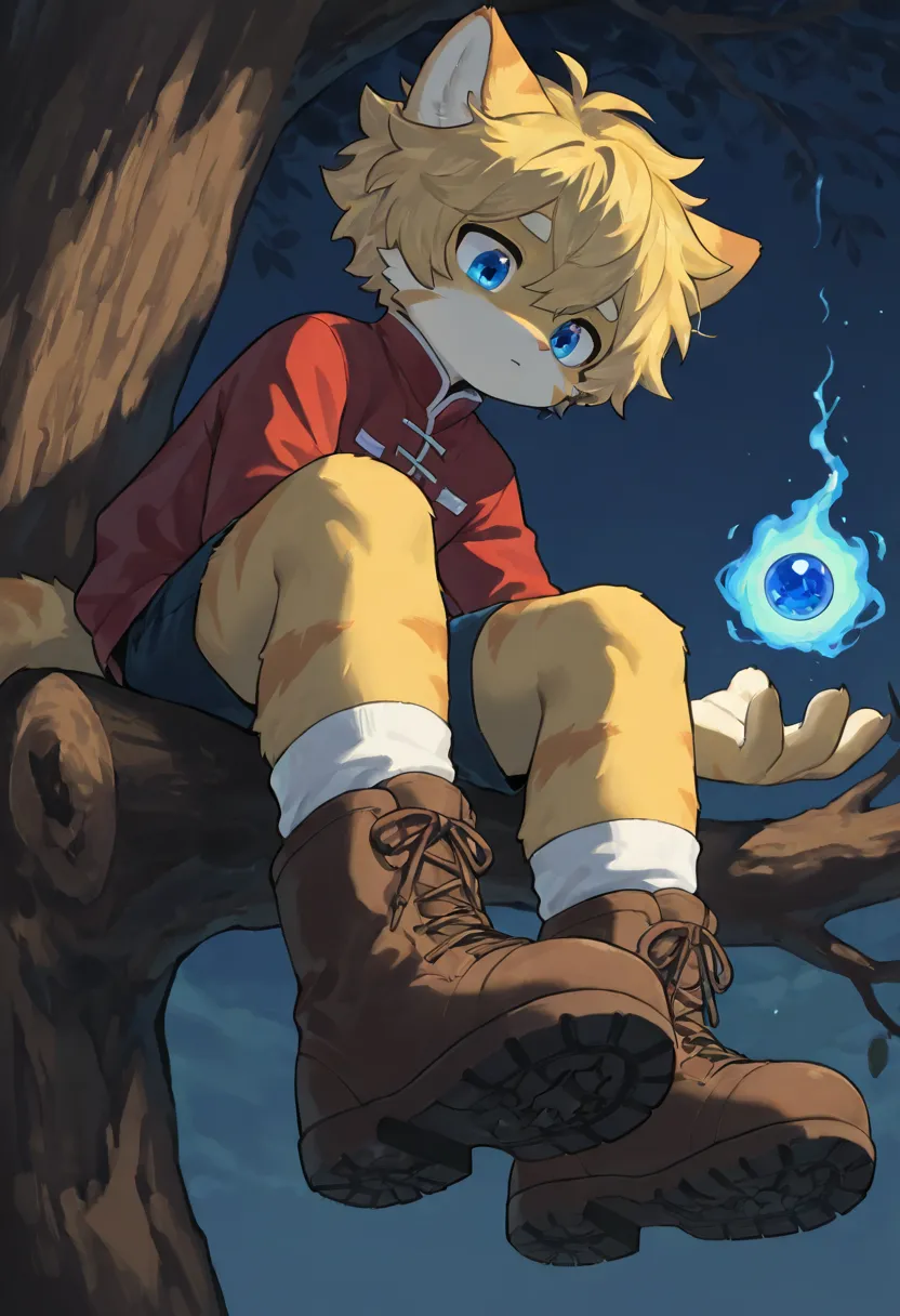 source_ furry， furry male，elementary school students，((boy )),cat boy ,short hair,masterpiece, newest,absurdres, incredibly absurdres,  messy hair, cute anthro, Alone,Fantasy world，hand, perfect hand，boy  sitting on tree branch, Staring at the Audience 、Lo...