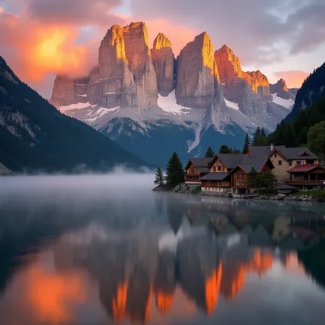 The image is a high-resolution photograph capturing a breathtaking landscape of the Dolomites, a mountain range in northeastern Italy. The scene is taken during sunset, with the sky ablaze in warm hues of orange, pink, and gold, casting a golden glow on th...