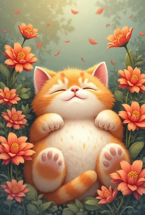 A beautifully illustrated cat with soft orange and white fur, lying peacefully among vibrant orange and red flowers. The cat has its eyes closed, wearing a blissful smile, exuding a sense of warmth and serenity. Delicate petals float in the air, gently car...