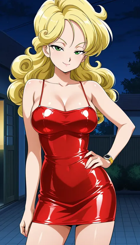 anime screencap, absurdres, high quality, official style, official style, 1girl, solo, launch bad, blonde hair, long hair, curly hair, green eyes, collarbone, cleavage, wristwatch, upper body, looking at viewer, bare shoulders, smile, half eyes closed, sex...