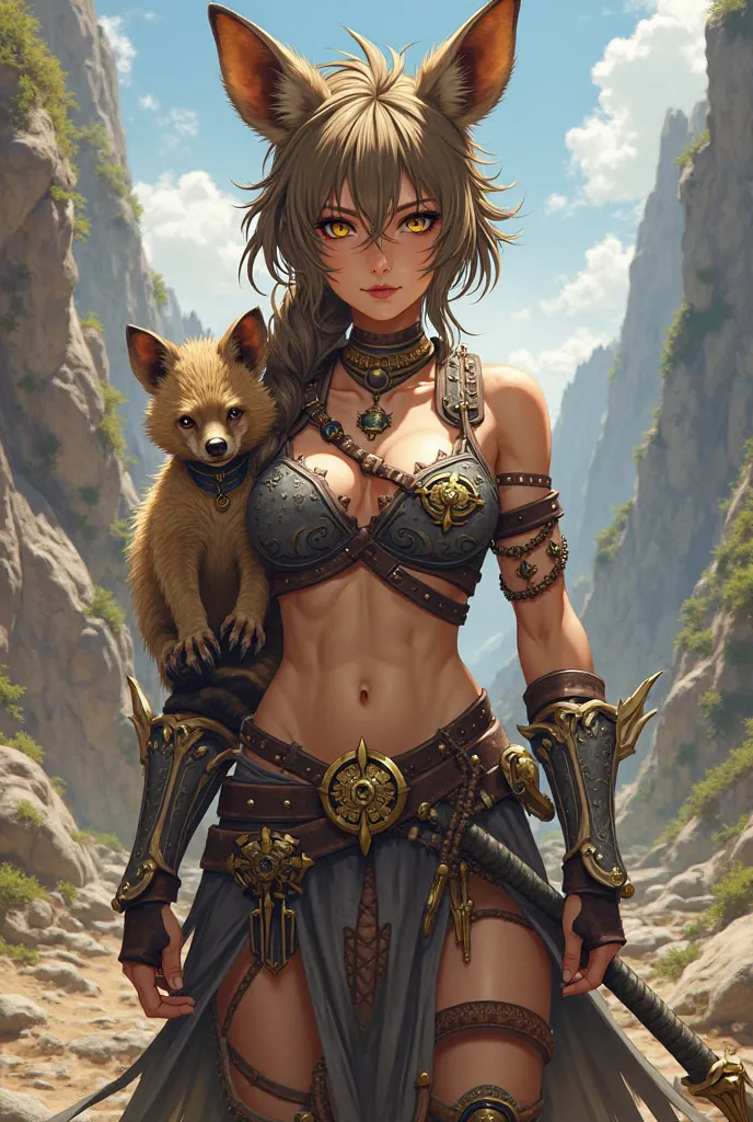 female anime character,Hyena hybrid human, golden eyes,warrior with armor and short hair,with a baby hyena