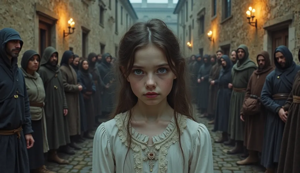 "A young girl with an otherworldly gaze standing alone in a dimly lit medieval village square, surrounded by curious onlookers, captured on canvas in the moody and somber tones of medieval portraiture"

