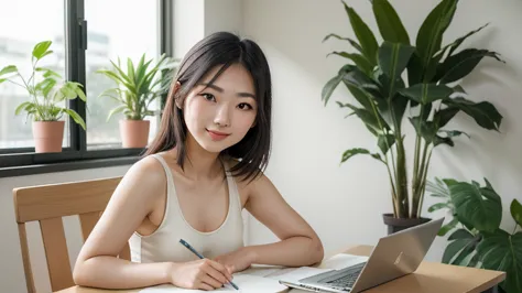  beautiful Japanese girl,  discreet smile background,  21 years old , Wearing a tank top, blogueira, work environment,  portrait, delicate face, subtle expression, pose casual, desk, Typing on the notebook, plants,  natural light, pastel tones, suave, arti...