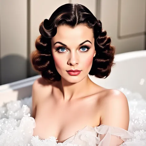 (masterpiece:1.2, Best Quality),8k, wallpaper,((american Comic art, thick outline, flat color:1.3)),(Vivien Leigh, nude), view from front, ((full body, bathing)), perfect eye, looking camera kindly, detailed face, kindly expression ,