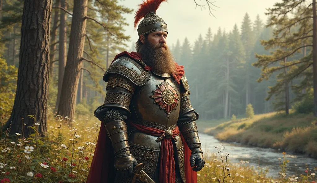 “Depict an Old Russian warrior standing against the background of a picturesque forest. He is dressed in traditional armor decorated with intricate patterns, with a long sword that glistens in the sun. On his head is a helmet with a feather, and on his che...