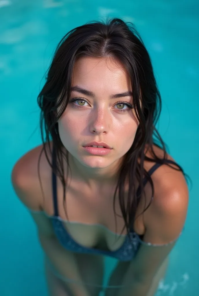 A young woman with long, dark hair is partially submerged in a turquoise swimming pool, Her hair is wet, and the water is visible clinging to it and her skin, She is looking directly at you with a sensual needing expression, Her makeup is noticeable, with ...