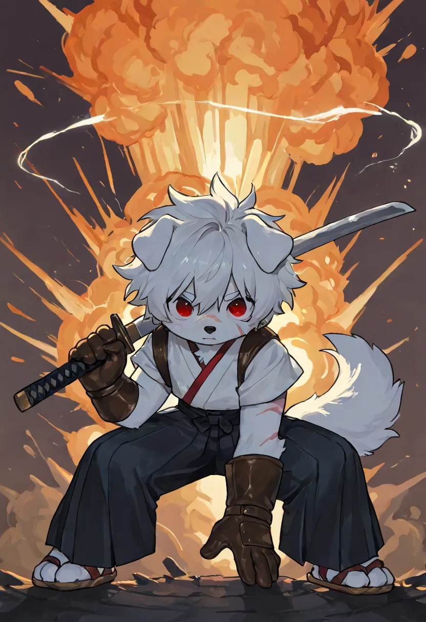 source_ furry， furry male，elementary school students，((boy)),dog boy,short hair,masterpiece, newest,absurdres, incredibly absurdres,  messy hair,masterpiece, best quality, amazing quality, front view, flowing clothes, sash, hakama, scars on face, scars on ...