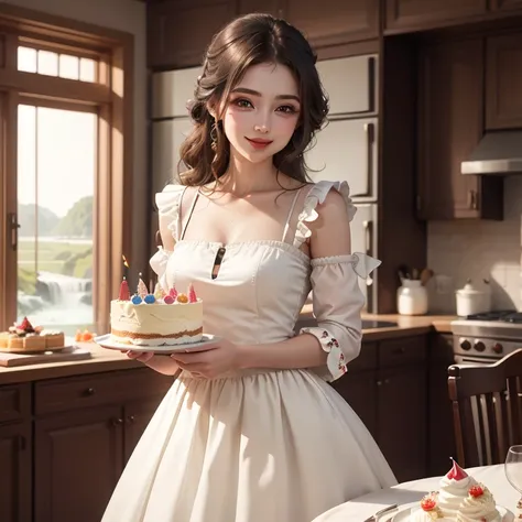 She is a young woman. She is beautiful and elegant. She is standing in the kitchen room with a perfect smile. She is holding a birthday cake. She is wearing a shirt dress, balloon sleeves, and high heels. Waterfall braids. High resolution, 4K, 8K, highly d...