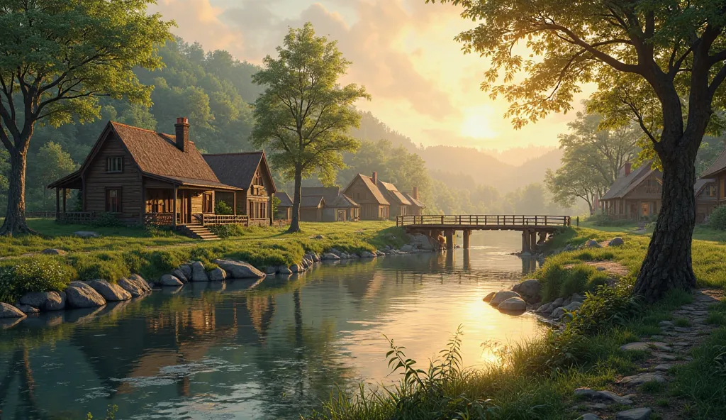 "A peaceful village by the river, with small wooden houses built near the water. The river flows gently, reflecting the golden light of sunrise. Lush green trees surround the village, and a wooden bridge crosses the river. The scene feels calm, inviting, a...