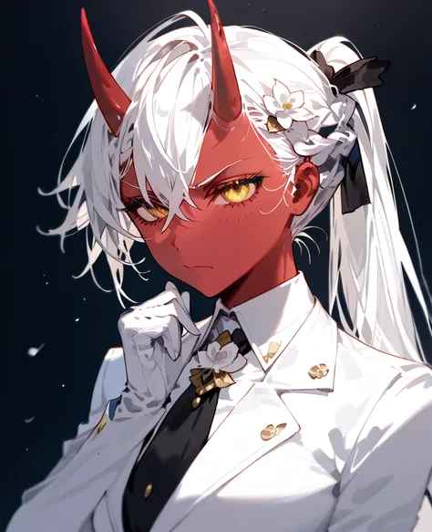 girl,Red skin ,in yellow eyes, white hair,There is a red horn, long hair, ponytail, Tomboy,Pointed eyes ,Fierce face,Villains,White Flower Hair Ornament,White Carpet Gloves,Lace gloves,mafia,Big Bust,sit,Pretty braided hair ,, white gloves,Big Bust, Sleeve...