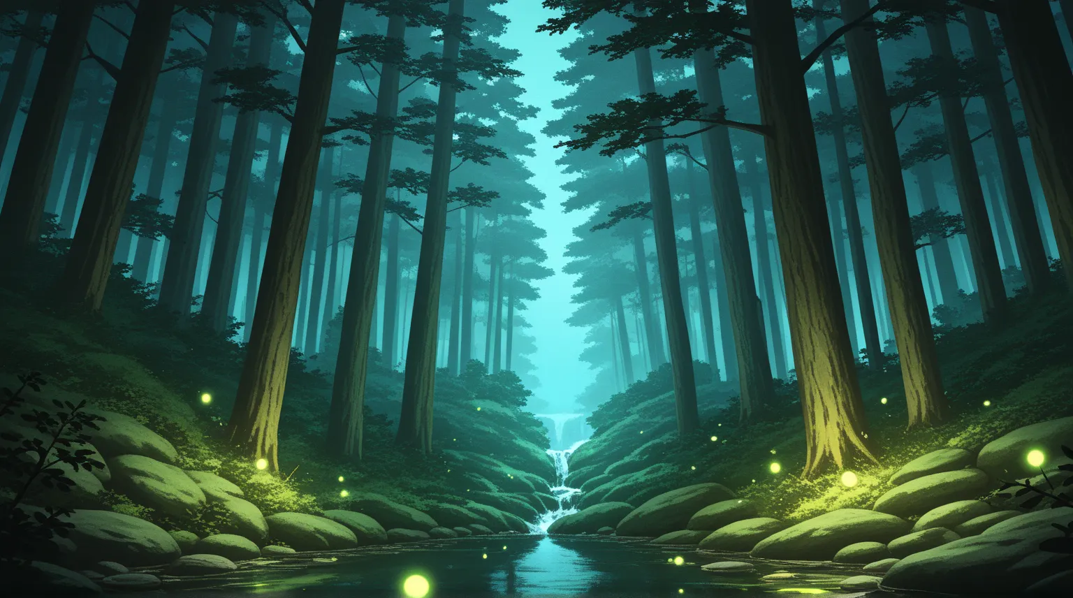 A peaceful Japanese forest in an anime art style at night. The scene is illuminated by soft moonlight filtering through tall cedar and oak trees. The forest floor is covered with lush green moss, ferns, and scattered rocks. A gentle breeze rustles the leav...