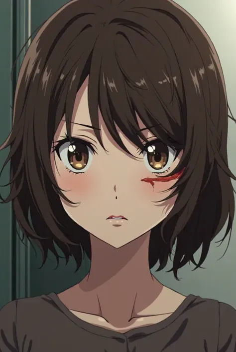 Semirealistic anime screen cap of a 25-year-old girl, round face, dark brown hair semi-wavy hairstyle on the right side, of pale skin dark brown eyes, with a large scar on the right eye, with a determined and serious attitude
