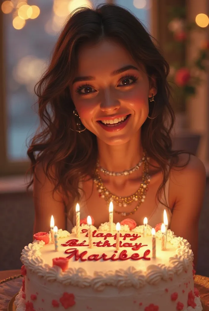 A pretty woman celebrating her birthday and saying happy birthday Maribel on the cake