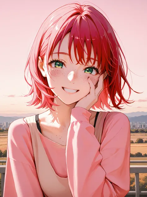  create a red-haired woman,  with green eyes and freckles on her face , wearing yellow and pink long sleeve shirt,  half of the body, front view, POV on the face, focus on the face, smiling, Scenery on the sunny sky background, to hide