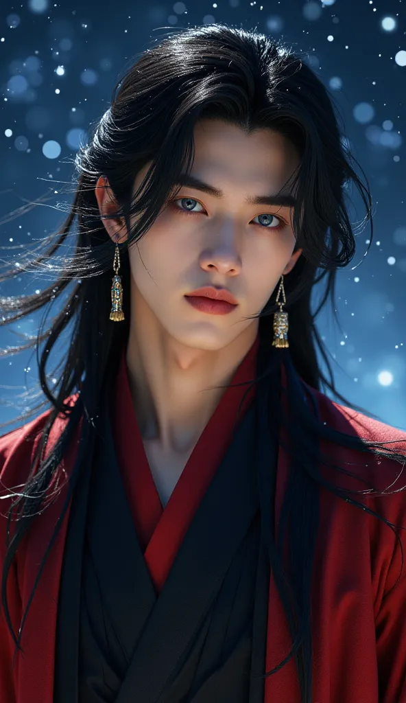 handsome man, blue eyes, long black hair, bangs, wearing red and black clothes, earring, royalty, ethereal beauty extremely detailed face and eyes, intricate details, high quality, photorealistic, dramatic lighting, cinematic, fantasy, elegant. Starry nigh...