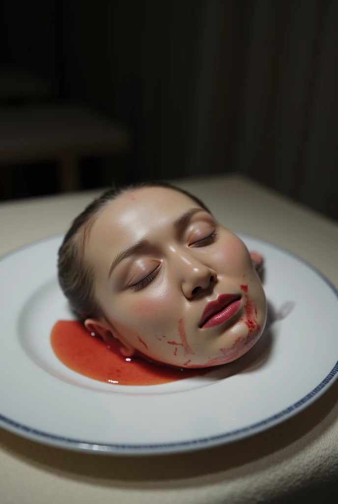    to place the head of a decapitated woman , Asia,   less bloodstains    , ((  Eyes closed )),    like a dish on a plate  , Bloody,  actual , 4K, Nikon, fear