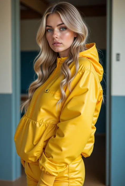 head-to-thigh focus, beautiful blonde girl, with oversized baggy matte loive rubber hazmat, latex gloves, posing in a door frame, Sports environment. natural lighting, Awesome images, Full body approach, beautiful and sexy.