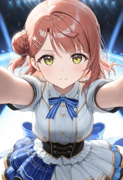 uehara ayumu,         (digital cel anime),   cool, dramatic pose, (masterpiece, best quality, ultra detailed), (cinematic lighting), blue idol costume, (pov, ), (looking at viewer), incoming hug, (extremely close-up of face, ), kindly, gently, 