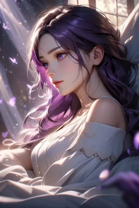 Beautiful Girl with Long Dark Purple Hair、 purple eyes、on the bed