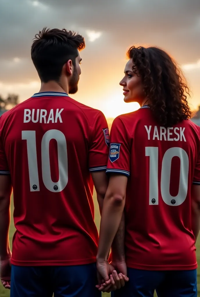 A man in a Fenerbahçe shirt writes burak on the back A woman in a Besiktas jersey writes yaren on the back Make these photos hand in hand 