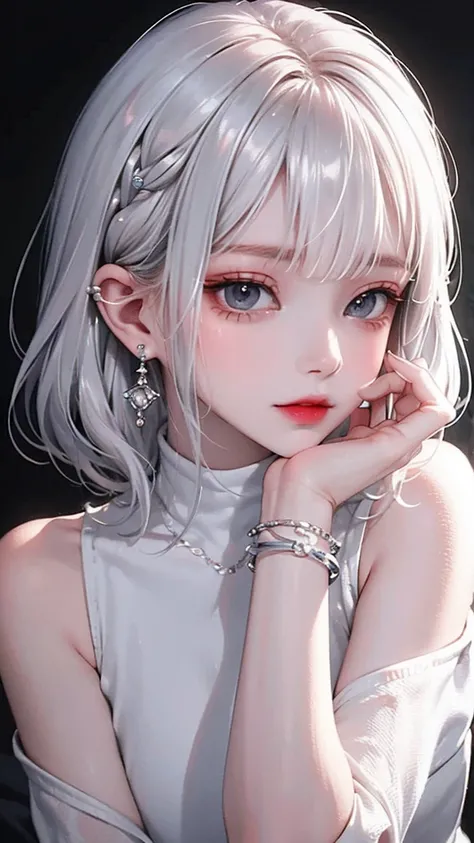 A close-up of a young and elegant woman with pale skin and short silver hair,  slightly disheveled . Her eyes are cold and intense, transmitting an air of mystery and mystery. She wears a black turtleneck that contrasts with her fair skin. Her gaze is slig...