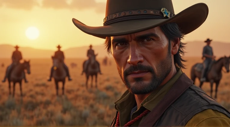 Lone shooter from the West in the foreground close-up face looking at the camera, portrait with a hard drive, Lots of cowboys on horseback with guns gallop through the plains of the Wild West., screenshot by Matia Jama,  trends on ArtStation , digital art,...