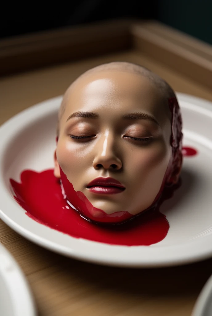    to place the head of a decapitated woman , Asia,   less bloodstains    , ((  Eyes closed )),    like a dish on a plate  , Bloody,  actual , 4K, Nikon, fear