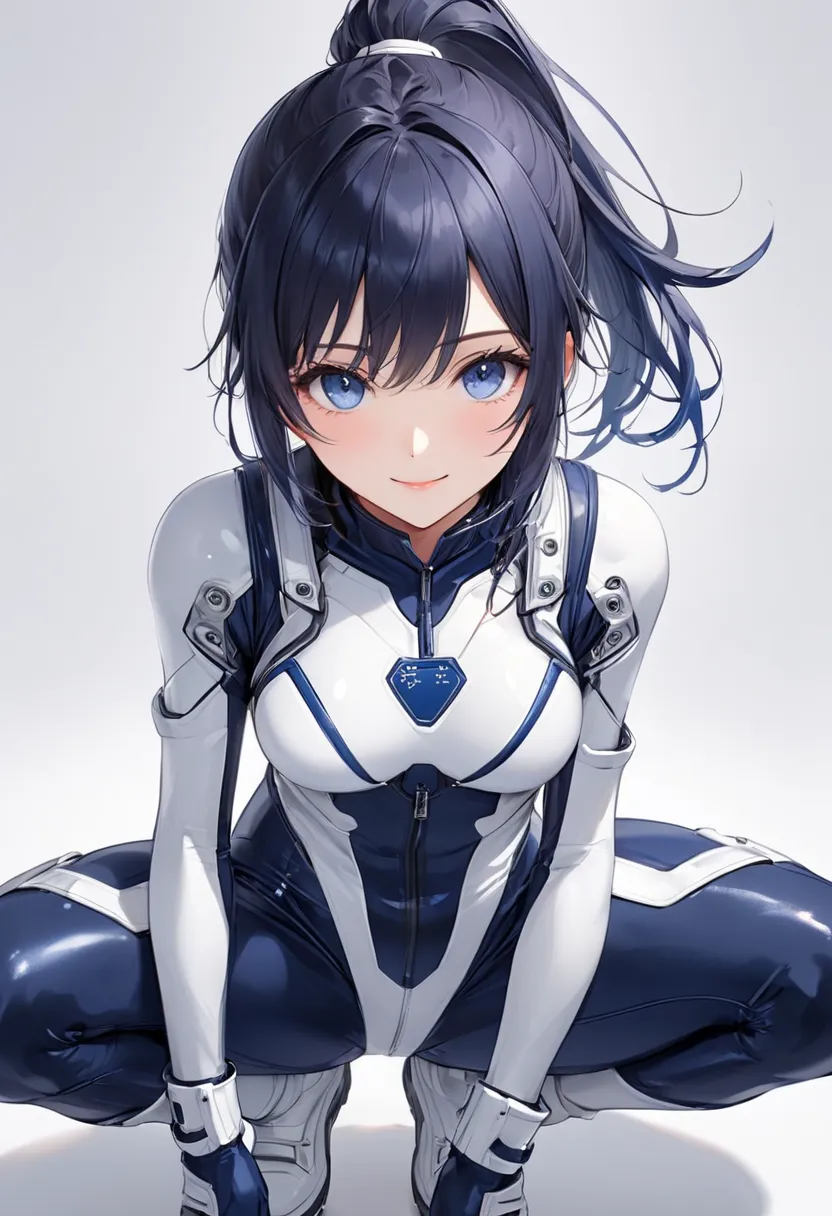 (​masterpiece、 Top Quality、 highest resolution 、 Clear Images 、  detailed image 、 The angle is from above ): ( One Japanese Woman 、 High Ponytail、  dark blue hair  、 Sparkling blue eyes 、(  white and navy blue pilot suit （Enamel Finish ）、white and dark blu...