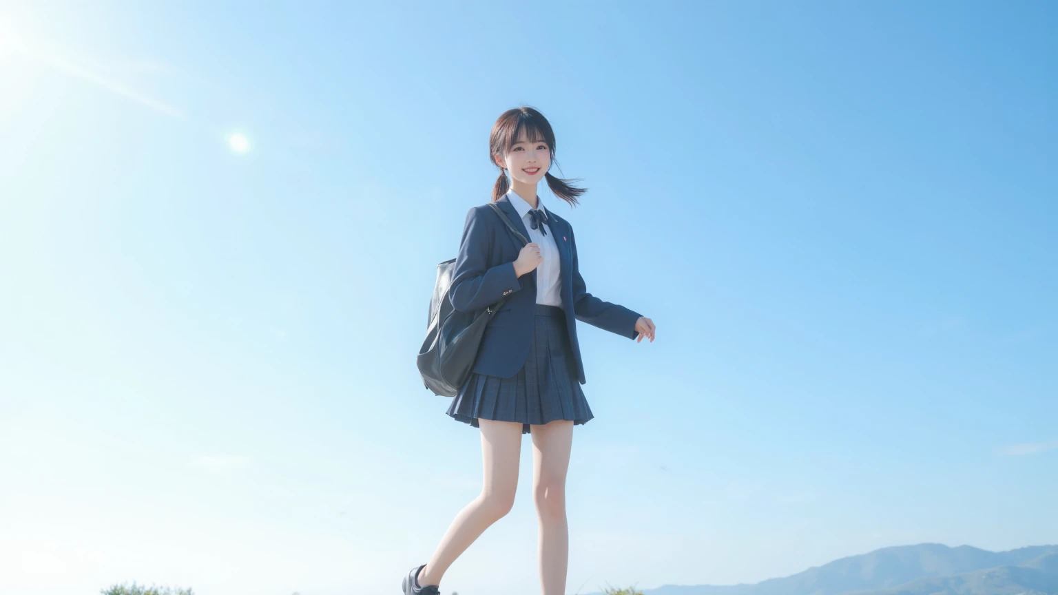 Cheerful high school girl wearing blazer and pleated skirt、walking with a school bag on a clear morning、 black hair、 clear blue sky 、Walking、anime style、 ultra-fine in 8K