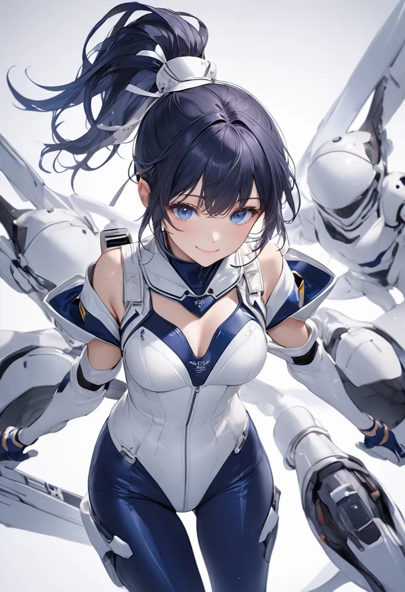 (​masterpiece、 Top Quality、 highest resolution 、 Clear Images 、  detailed image 、 The angle is from above ): ( One Japanese Woman 、 High Ponytail、  dark blue hair  、 Sparkling blue eyes 、(  white and navy blue pilot suit （Enamel Finish ）、white and dark blu...