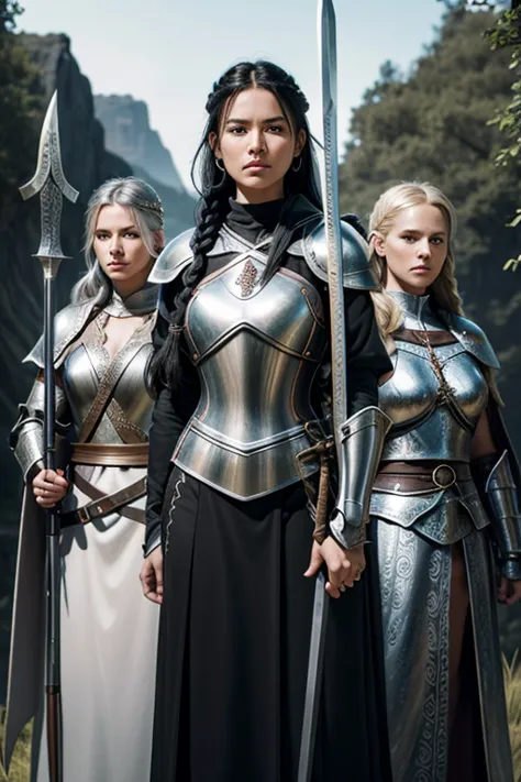 realistic image quality, group of 3 women, The image shows three women, A woman knight in armor black hair with sword and shield, The other woman with silver hair, Braided is an archer has a long bow accessories two daggers at the waist and hood, And the t...