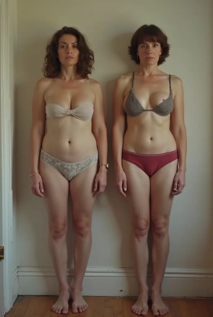 50 year old woman and man, the same height, stand in the middle of the room a meter apart. they're wearing underwear. A woman has saggy breasts of 4 sizes, Breasts hang ,. Brunette woman, they're confused.  Looking at the camera , male hermaphrodite 
