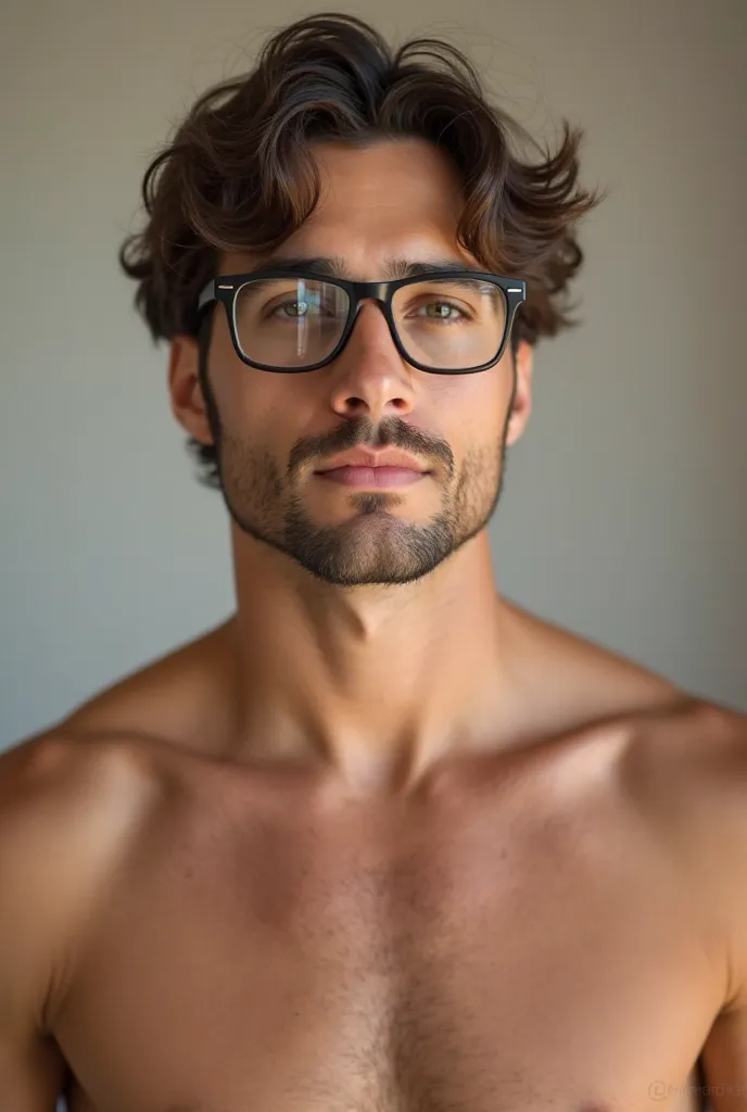 Shirtless man with a soft handsome face and shaggy hair and glasses