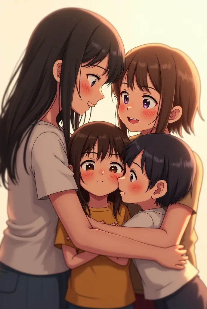 4 girls hugging each other one smaller than the other 3 of whom one is a brunette
