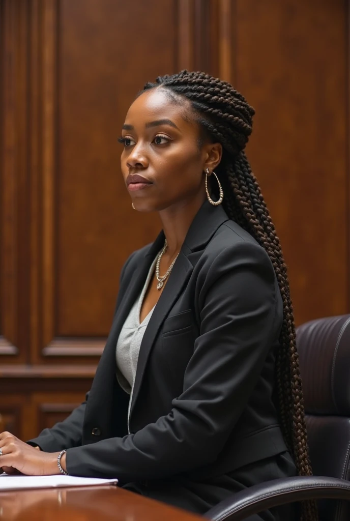 Gabriella, a 25 year old pretty Nigerian-igbo lady, tall, light in complexion, neat braids, wearing a pair of her lawyer garments, in her element – flawlessly delivering a critical argument in court, demonstrating her legal prowess and confidence 