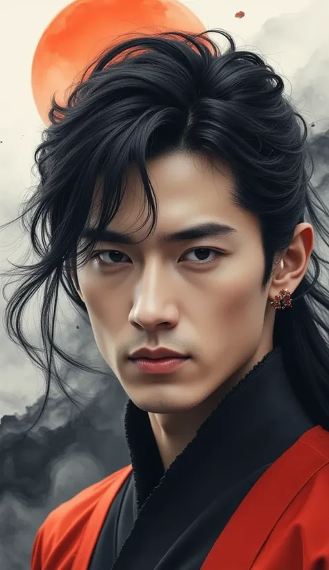 Handsome man, dark eyes, long black hair, bangs, wearing red and black clothes, earring, royalty, ethereal beauty extremely detailed face and eyes, intricate details, high quality, photorealistic, dramatic lighting, cinematic, fantasy, elegant. Solo