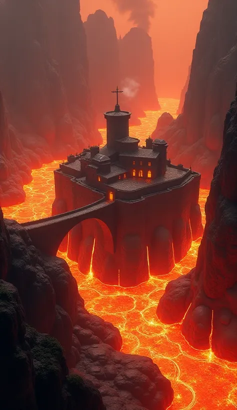 wide scale village fort in the middle of the lava lake with one bridge